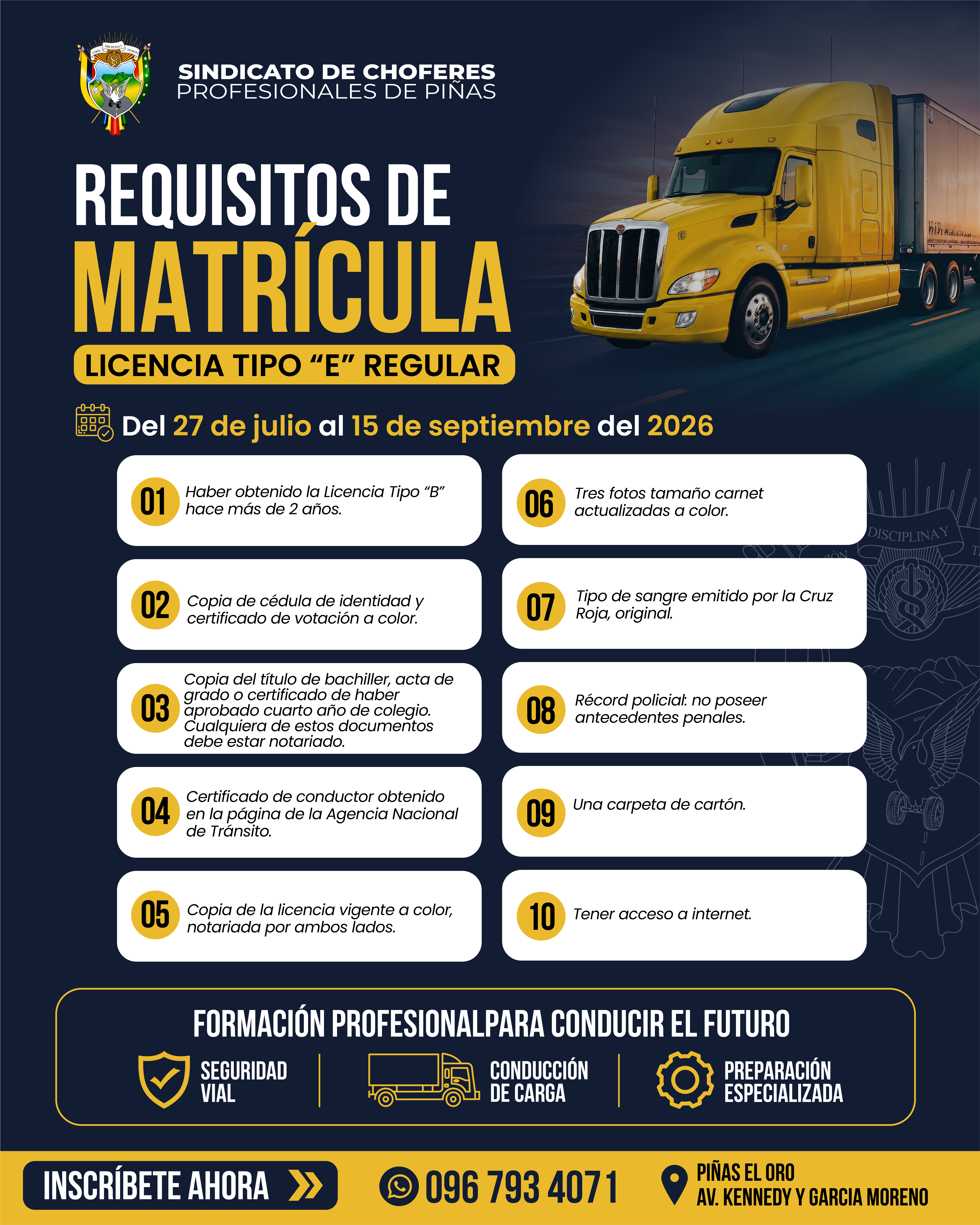 Requisitos de matrícula para la Licencia Tipo E Regular